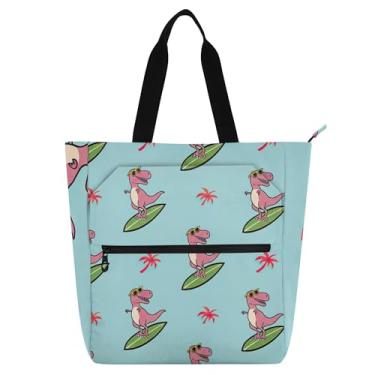 Imagem de GAIGEO Cartoonish Rex Surfboard Bolsa de trabalho azul-petróleo para mulheres, bolsa de lona universitária bolsa escolar bolsas infantis presente fofo para amantes de livros