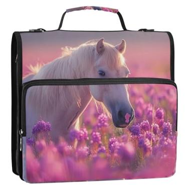 Imagem de Pasta organizadora de 3 anéis com 3 anéis de 3 anéis de cavalo, lavanda e flores de lavanda para uso pesado, bolsa escolar com alça de ombro divertida para guardar 500 folhas