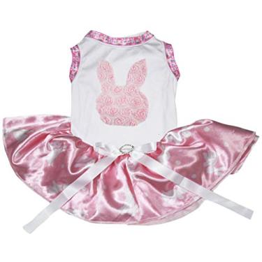 Imagem de Petitebella Vestido de algodão branco com estampa floral e rosto de coelho (tutu de bolinhas de coelho rosa, grande)