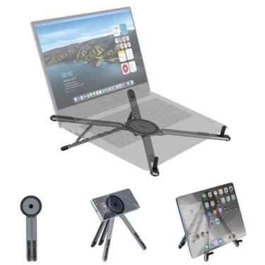 Imagem de Suporte de laptop ajustável para mesa e viagens – tripé magnético para iPhone MagSafe, suporte de computador portátil dobrável de alumínio compatível com laptops de 10 a 16 polegadas e telefones