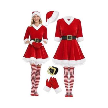 Imagem de Vestido De Natal Vermelho De Veludo Para Mulheres Fantasia De Festa Co