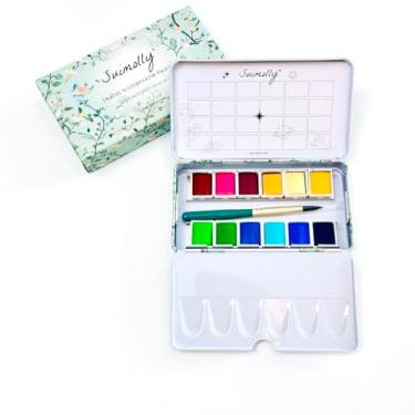 Imagem de Suimolly Conjunto de tinta aquarela, 12 cores com pincel, paleta de metal portátil para viagem para adultos e artistas (cores comuns)