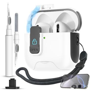 Imagem de Capa para AirPods 4 com trava segura, trava magnética automática com função de suporte de telefone, kit de limpeza de capa protetora rígida à prova de choque para Apple AirPod capa de 4ª geração 2024