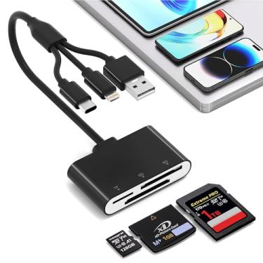 Imagem de Leitor de cartão SD para iPhone com USB-C e Lightning – 3 em 1 SD MicroSD xD-Picture Cards Adaptador de leitor de cartão de memória para iPhone 17/16/15/14, iPad, MacBook, Android, câmera e PC