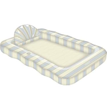 Imagem de FUNBOY Espreguiçadeira de piscina para bronzeamento com listras azuis e verdes, GG 183 cm x 122 cm com travesseiro e suporte de copo grande