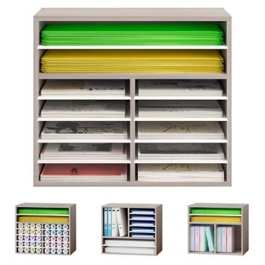 Imagem de Alpeir Organizador de armazenamento de papel de mesa, 12 compartimentos para papel e scrapbook A4 e A3, organizadores de artesanato de madeira Cricut e armazenamento com divisórias ajustáveis para