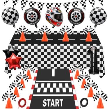 Imagem de Windspeed Cones de trânsito e bandeiras quadriculadas de corrida, decorações de festa de carro de corrida incluem bandeira xadrez de mão 24P 12P mini cones de trânsito, corrida no chão de pista