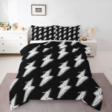 Imagem de Manfei Conjunto de edredom Lightning tamanho casal, conjunto de cama preto e branco, 3 peças, desenho à mão, rabisco, relâmpago, para todas as estações, decoração de quarto de crianças, meninos e