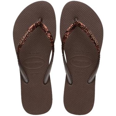 Imagem de Havaianas Chinelo Slim, Feminino, Marrom com Glitter Bronze, Borracha, Tiras Finas, Sola Anatômica, para Lazer e Praia (Café, BR, Adulto, Faixa Numérico, M, 33, 34)