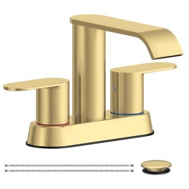 Imagem de Homevacious Torneiras de banheiro douradas escovadas cachoeira conjunto central de 10 cm torneira de pia de banheiro aço inoxidável com tampa de drenagem de pia pop-up fornecimento mangueira torneira