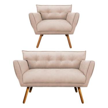 Imagem de Kit 1 Namoradeira e 1 Poltrona Anitta Suede Pés Palito Castanho D03 - 