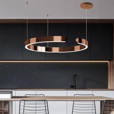 Imagem de Luminária pendente LED em formato de anel, moderna e regulável, para escada, sala de estar, em metal galvanizado, ideal para mesa de jantar, quarto, cozinha, salão de beleza e sala de jantar