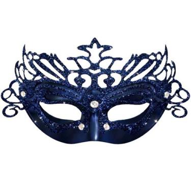 Imagem de Máscara Metálica Glitter Veneziana Carnaval Fantasia Luxo Cor:Azul Esc