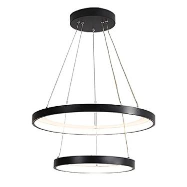 Imagem de Luminária de mesa de jantar com 2 anéis de LED, dimerizável e com controle remoto. Ideal para sala de jantar e sala de estar. Luminária moderna redonda com altura ajustável, nas cores preto