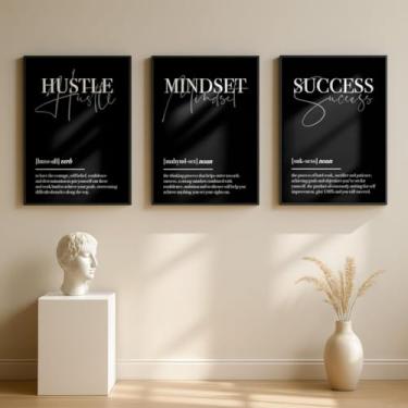 Imagem de Conjunto de 3 pôsteres motivacionais de academia H-us-tle Mind-set Success Prints Pintura em tela emoldurada para sala de estar, fitness, escritório, decoração de quarto de casa com moldura interna