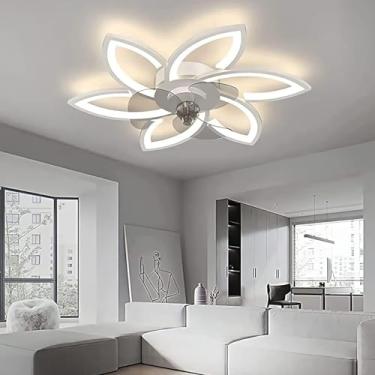 Imagem de Ventilador de teto LED com iluminação moderna, design em formato de flor com intensidade regulável, silencioso e com controle remoto para sala de estar e sala de jantar (branco, Ø 78 cm).