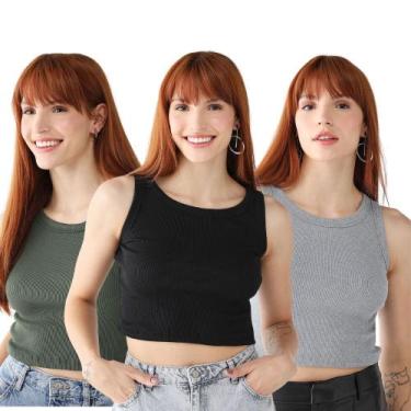Imagem de Kit 3 Blusas Feminina Cropped Ribana Algodão Premium - 77VS LEVOSCH, P