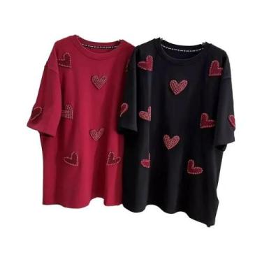Imagem de Camiseta Feminina plus Size De Manga Curta Com Bordado De Amor E Conta