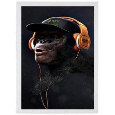 Imagem de Quadro Macaco Com Headphone 33X24 Com Vidro - Madeira Branca