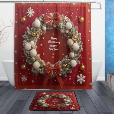 Imagem de xigua Conjunto de tapetes de cortina de banho de guirlanda de Natal com 2 peças, conjunto temático de banheiro (152 x 182 cm) com cortina de chuveiro e tapete antiderrapante -12 ganchos727