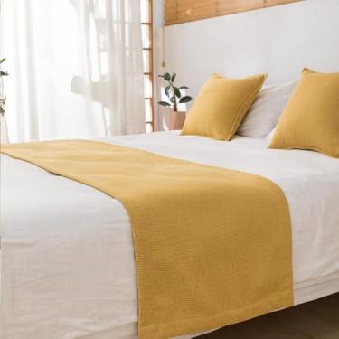 Imagem de Cachecol de corredor de cama de hotel, toalha de cama simples, tiras de pano à prova de poeira, decoração de cama de cor sólida, proteção para cama de solteiro, queen king, tamanho amarelo||45 x 180