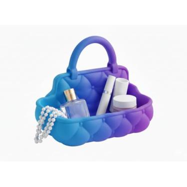 Imagem de Porta Joias Decorativo Estilo Bolsa Acolchoada | Organizador de Joias e Maquiagem para Penteadeira (DEGRADE AZUL/ROXO)