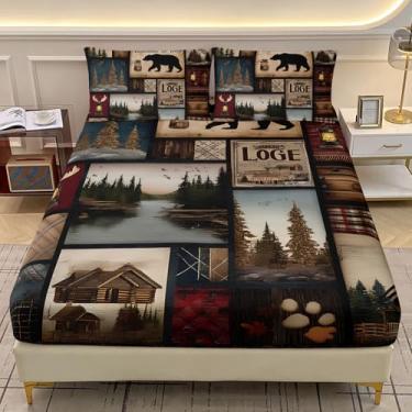 Imagem de AILONEN Jogo de lençol casal rústico com urso, vida selvagem da floresta para crianças, meninos e adultos, 3 peças de lençol com elástico e 2 fronhas