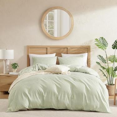 Imagem de Andency Capa de edredom tamanho queen guingão, verde sálvia, xadrez, 3 peças, capa de edredom de microfibra pré-lavada macia com fecho de zíper e laços nos cantos