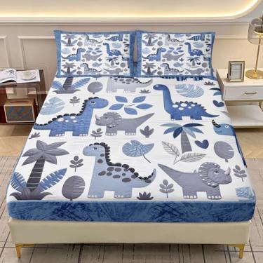 Imagem de AILONEN Jogo de lençol casal com desenho animado dinossauro azul fofo para crianças, meninos, animais antigos kawaii, lençol com bolso profundo + 2 fronhas - 3 peças