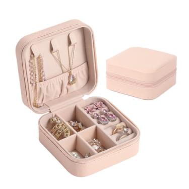 Imagem de Pequena caixa de joias de viagem – Mini caixa de joias de couro PU rosa com forro de veludo macio, organizador portátil de joias de viagem para anéis, brincos, colares