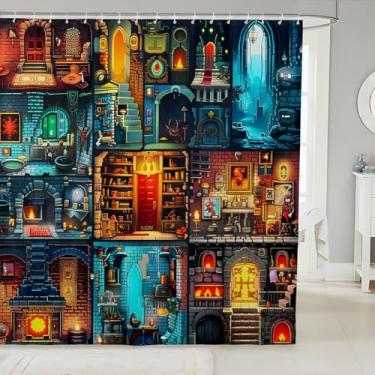 Imagem de Cortina de chuveiro Sandbox Games, cortina de banho com tema de mineiro pixelado, meninos, blocos de retalhos, vista da cidade, banheira, tecido à prova d'água, decoração de banheiro para jogadores