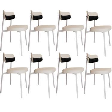 Imagem de Kit 08 Cadeiras Estofada Para Sala de Jantar Astrid Branco C01 Linho Palha Courino Preto - Lyam Decor