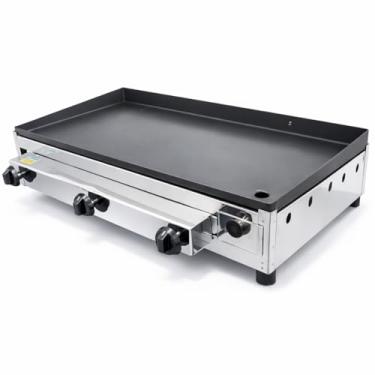 Imagem de Chapa de Lanche Profissional a Gás com Chapa de Aço Carbono, 80x40 cm, 3,5mm de Espessura, Preto e Prata, Três Queimadores