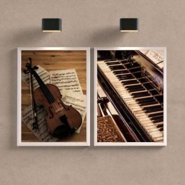 Imagem de Kit 2 Quadros Piano E Violino 33X24 Com Vidro Madeira Branca - Quadros