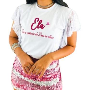 Imagem de Blusa Feminina Tshirt Bordada Elegante Camiseta Branca Verão manga cur