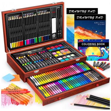 Imagem de Art Supplies Kit Lápis de Cor Profissional com Maleta de Madeira 153 peças Tintas Acrílicas, Aquarela, CALIART, Marrom