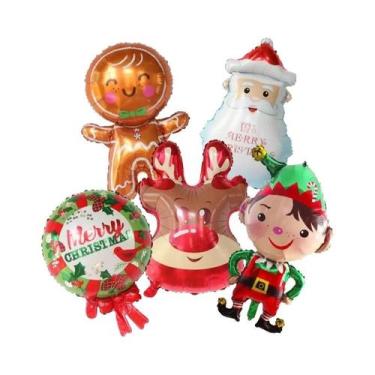 Imagem de Balões De Natal Em Papel Metalizado 5pcs Tema Papai Noel, Boneco De Ne