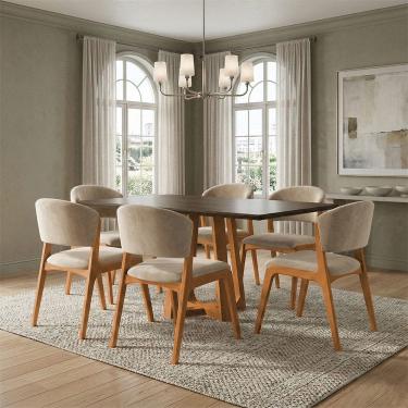 Imagem de Mesa Julia 1,6m Freijó Pés Cerejeira Madeira Maciça 6 Cadeiras Kethellen - Bege Veludo