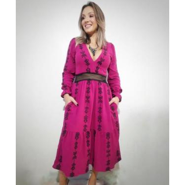 Imagem de Vestido midi fúcsia com detalhes bordados em preto- Vitória - ROSE MAL