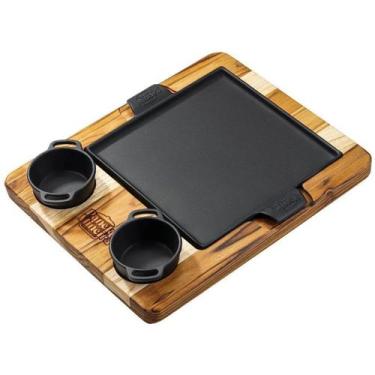 Imagem de Conjunto para petiscos chapa quadrada 22cm com suporte de madeira e 2 