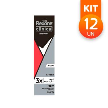 Imagem de Desodorante Aerosol Rexona Clinical Sport 96H Antitranspirante Previne Odores 150ml (Kit com 12)