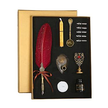 Imagem de HIOD Caneta-tinteiro Sprinkle Gold Luxury Vintage Feather Quill Dip Caligrafia Tinta para escrita Conjunto de 5 pontas Caixa de presente de papelaria, Rosa