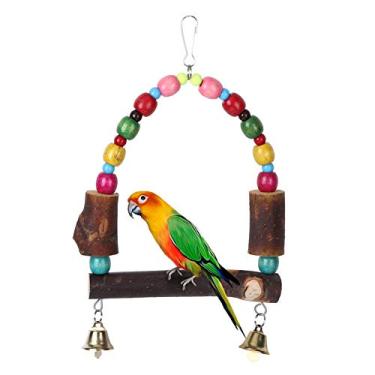 Imagem de Poleiro de pássaro de madeira, suporte de gaiola de pássaro de madeira colorido para pendurar papagaios brinquedo com contas sino para papagaios, calopsitas, conures, araras, pássaros do amor, tentilhões