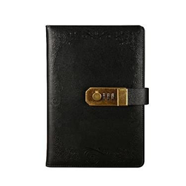 Imagem de Notebook retrô com cadeado de código 200 página a5 bonito diário planejador de estudante agenda planejador de trabalho de escritório de negócios bloco de notas de couro, preto, 2 peças