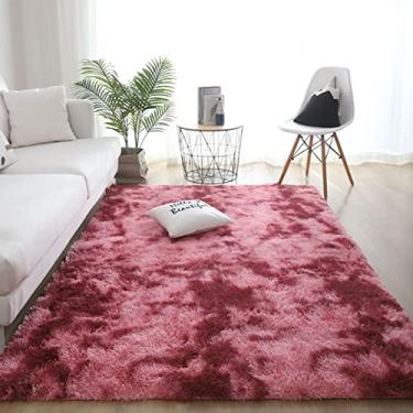 Imagem de Tapetes de área felpudos macios modernos para ambientes internos, tapete de área de acento de berçário de pelúcia antiderrapante, tapete felpudo de pele sintética peludo para sala de estar decoração de casa tingido vermelho escuro 79 polegadas x 98 polegadas