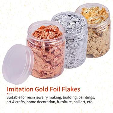 Imagem de LUGU 5g Por Imitação de Cor Flocos de Folha de Ouro 3 Gar fas Flocos de Folha Metálica pa Fabricação de Jóias de Resina Unhas Pintu Artística Artesanato DIY Deco ção de Casa Móveis, Ouro + P ta +