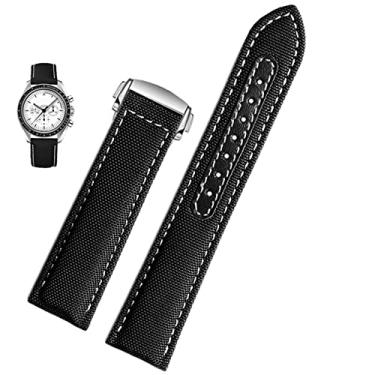 Imagem de DFAMIN 19mm 20mm Pulseira de relógio de lona para Omega New Seamaster 300 Speedmaster AT150 Pulseira de relógio de nylon de couro acessórios masculinos azul preto (cor: aço preto branco,