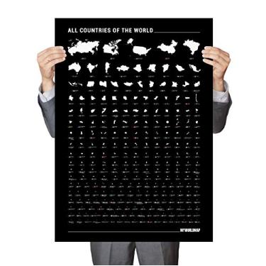 Imagem de Mapa Mundi com 240 Países por Tamanho - Com Bandeiras e Capitais - Preto - 85x60