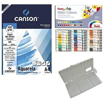 Imagem de Kit Papel Canson Aquarela + Aquarela Pentel 24 Cores WFRS + Godê Sinoart