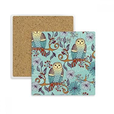 Imagem de Porta-copos quadrado de coruja de flor azul protege animal amante de animais de estimação tapete para caneca subplaca suporte de pedra isolante
